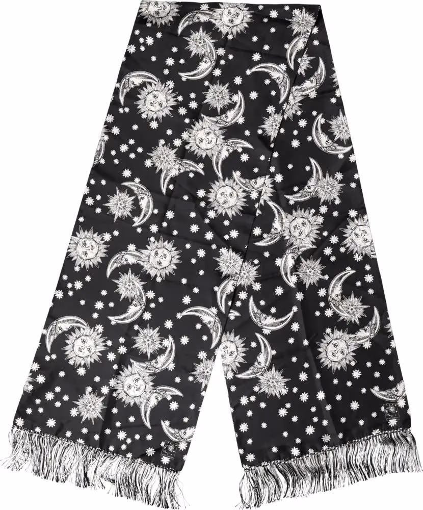 Dolce & Gabbana Black Silk Sun Moon Star Fringe Foulard 178cm X 33cm Scarf