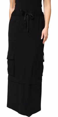 Black Cotton Drawstring Long Maxi Cargo Skirt