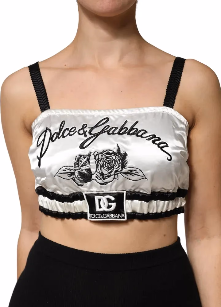 Dolce & Gabbana White Silk Satin Crop Black Logo Bralette Top