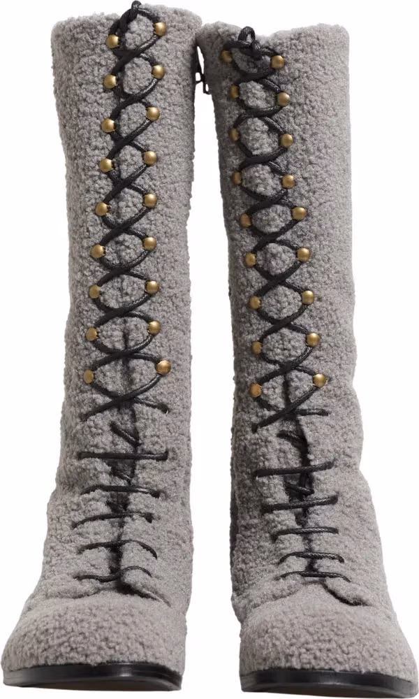 Dolce & Gabbana Gray Shearling Lace Up Knee High Boots Shoes