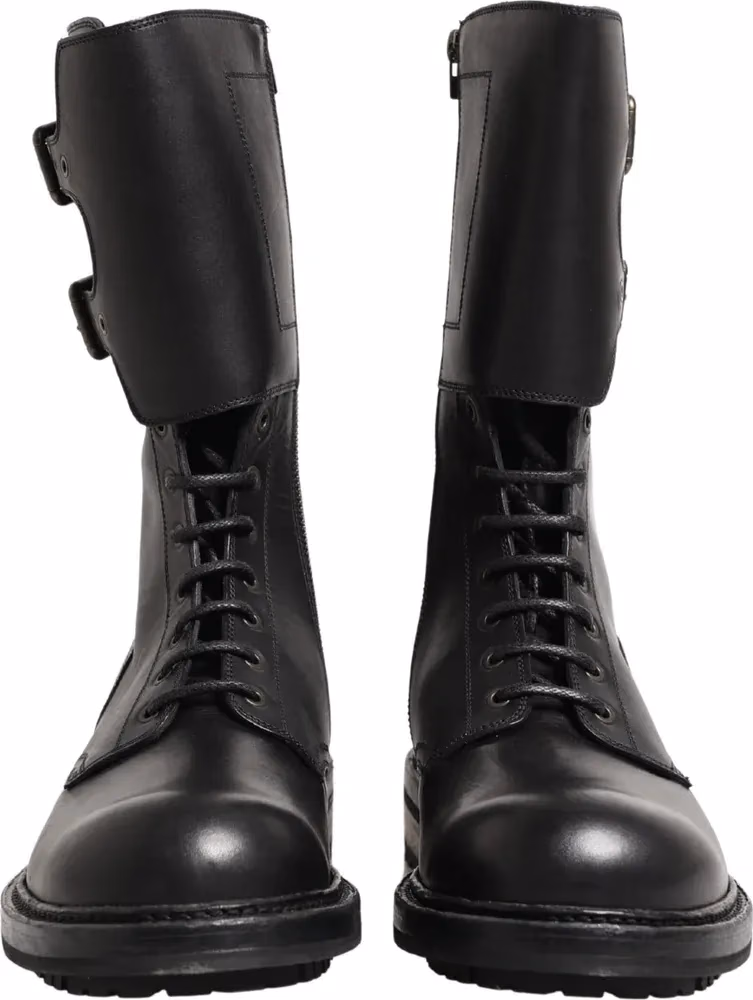Dolce & Gabbana Black Leather Belted Buckle Combat Boots Shoes