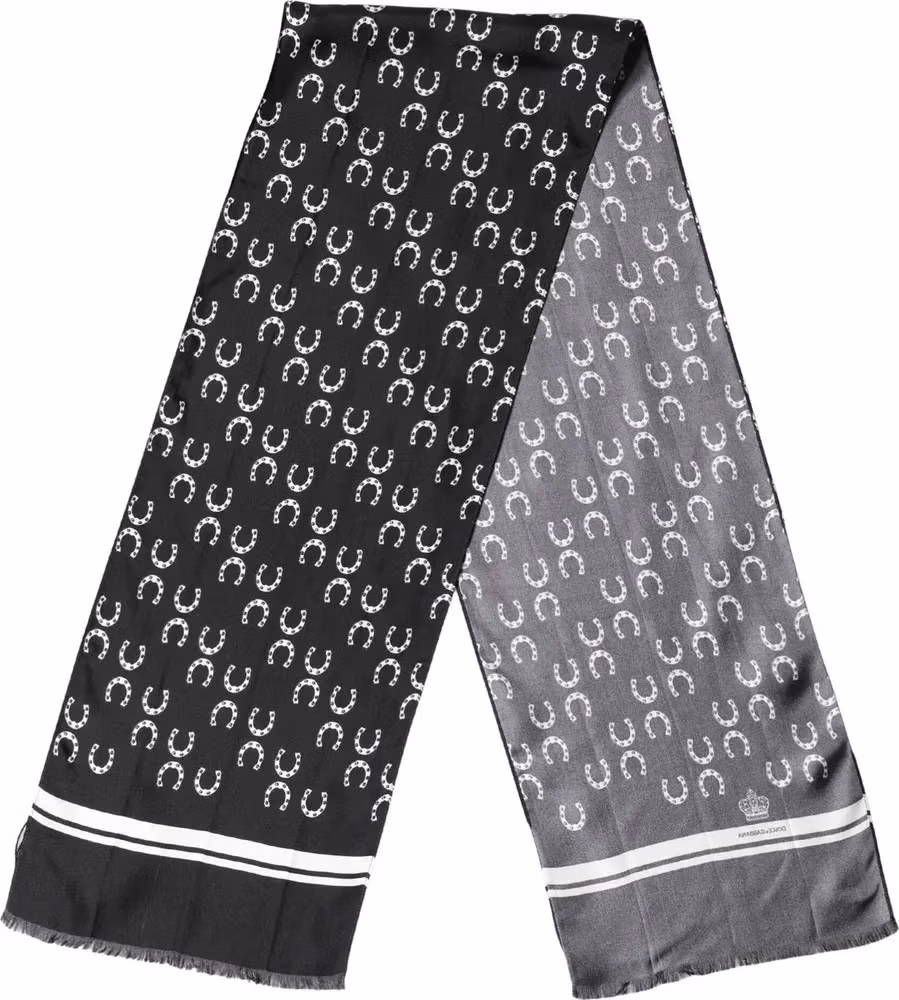 Dolce & Gabbana Black Horseshoe Silk Neck Foulard 136cm x 23cm Men Scarf