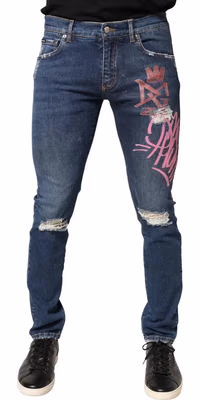 Blue Distressed Graffiti Print Skinny Jeans