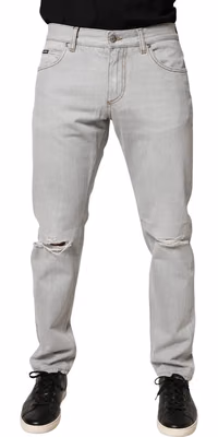Light Gray Ripped Cotton Regular Denim Jeans
