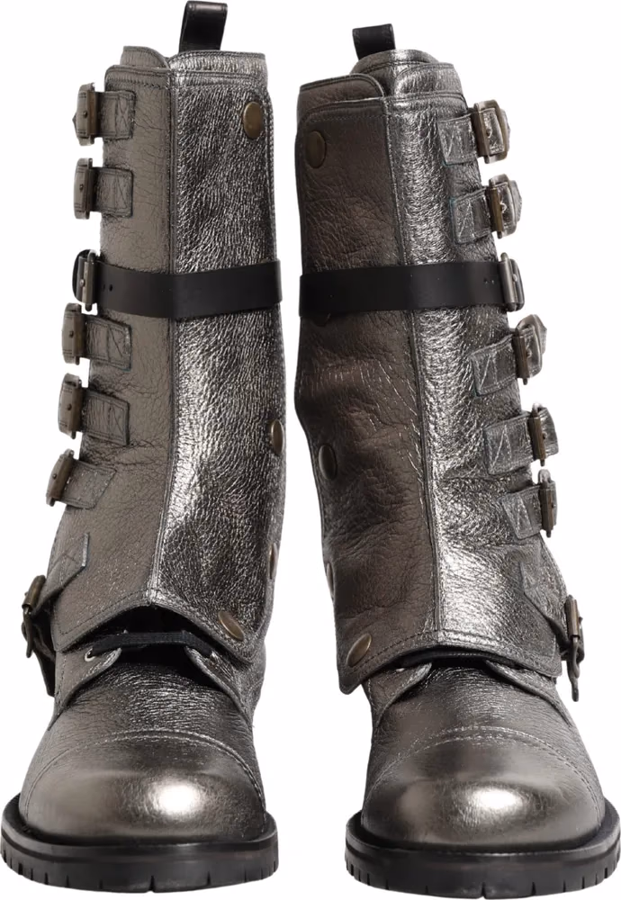 Dolce & Gabbana Metallic Silver Combat Biker Mid Calf Boots Shoes