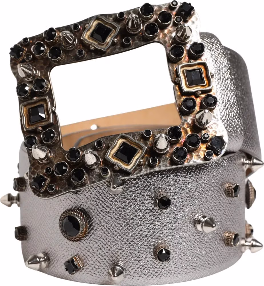 Dolce & Gabbana Silver Leather Crystal Metal Buckle Belt