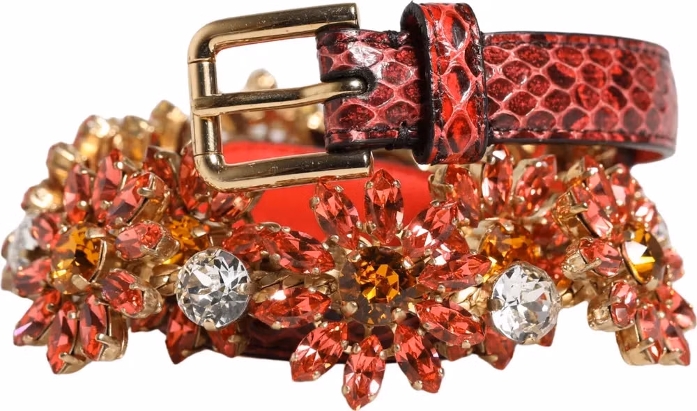Dolce & Gabbana Red Leather Daisy Crystal Embellished Waist Belt
