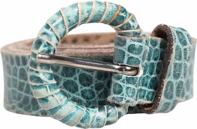 Women Green Leather Croco Print Studded Belt