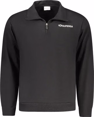 "Black Cotton Men's Sweatshirt with Half Zip and Pockets"