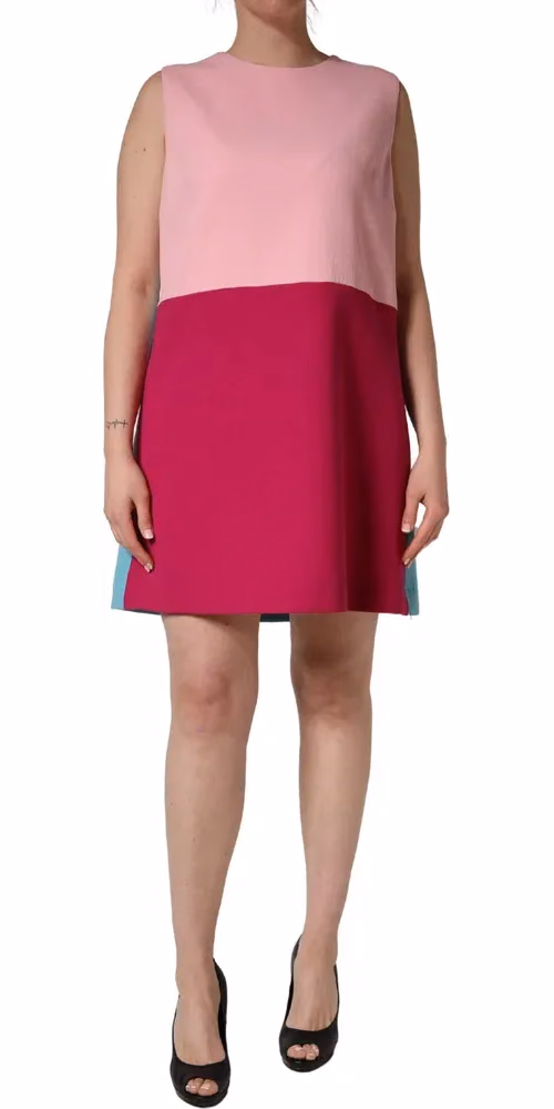 Dolce & Gabbana Pink Blue Wool Sleeveless Shift Mini  Dress