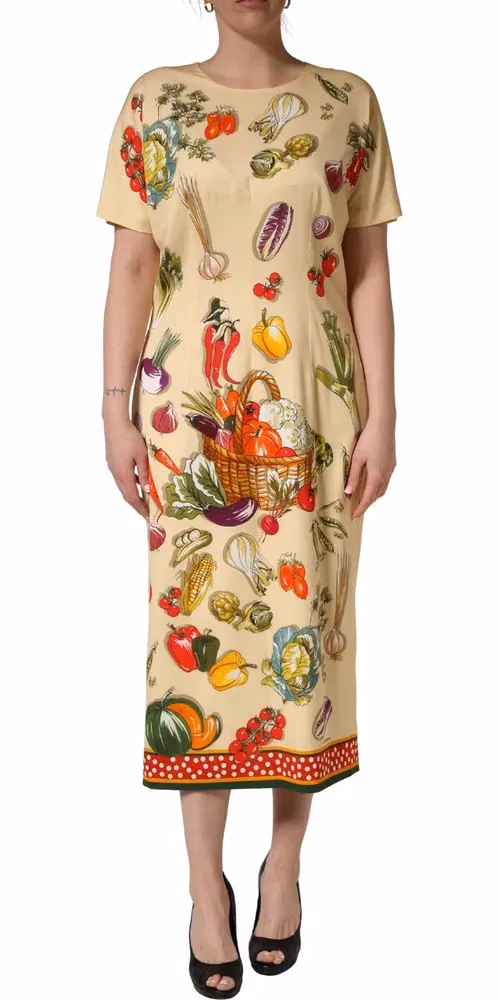 Dolce & Gabbana Beige Fruit PolkaDot Sheath Silk Midi Dress