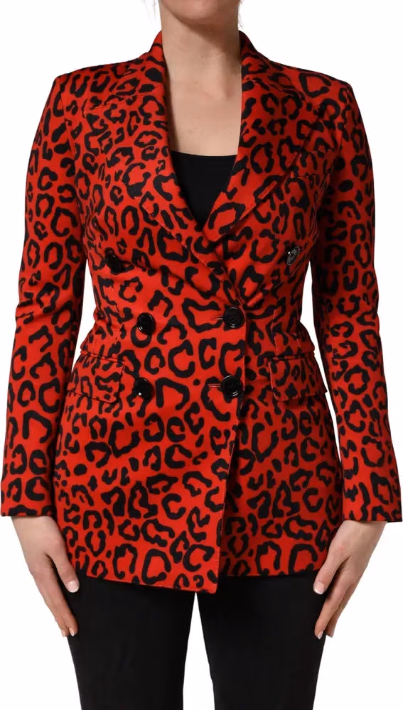 Dolce & Gabbana Red Leopard Double Breasted Coat Jacket