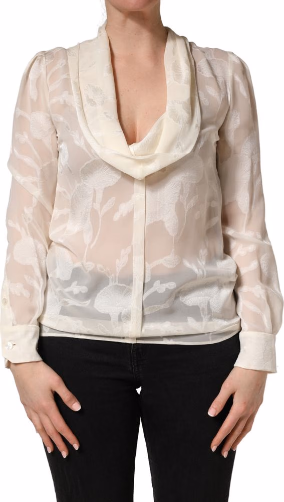 Dolce & Gabbana Off White Floral Semi Sheer Silk Blouse Top