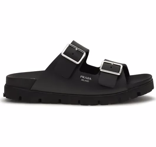 Prada Black Calf Leather Bos Taurus Flat Sandals