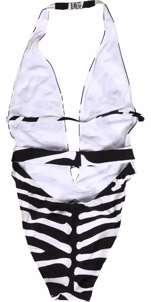 Dolce & Gabbana Black White Zebra Deep V-Neck One Piece Swimwear