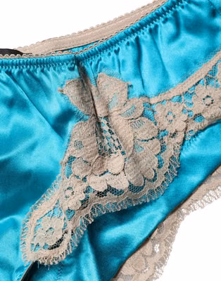 Blue Silk Satin Floral Lace Panty Brief Underwear