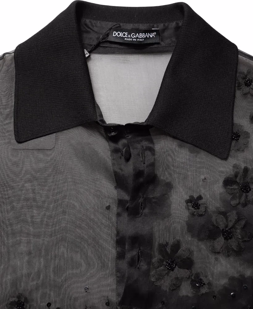 Dolce & Gabbana Black Floral Applique Sheer Short Sleeve Shirt