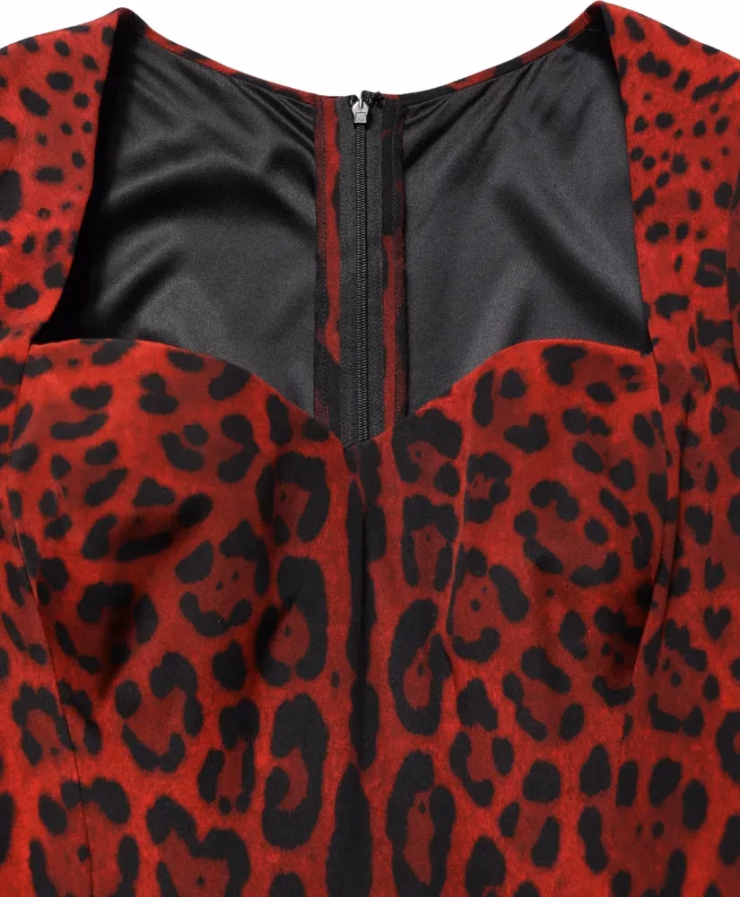 Dolce & Gabbana Red Leopard Print Sheath Long Sleeve Dress