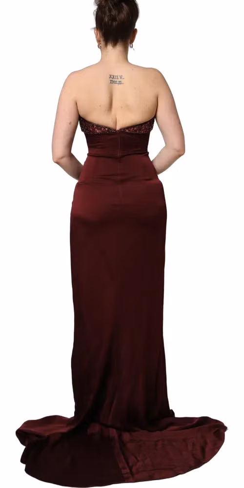 Dolce & Gabbana Maroon Embellished Vneck Evening Gown Dress