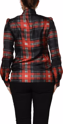 Red Black Plaid Silk Tie-Neck Blouse Top