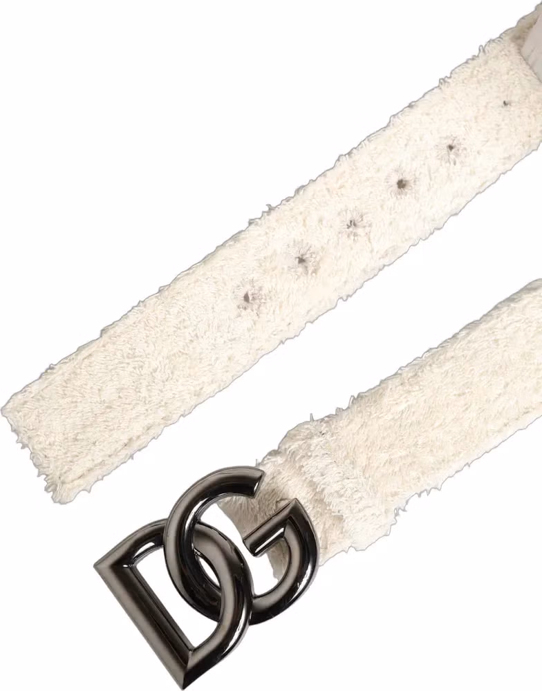Dolce & Gabbana White Cotton Fleece DG Logo Metal Buckle Belt