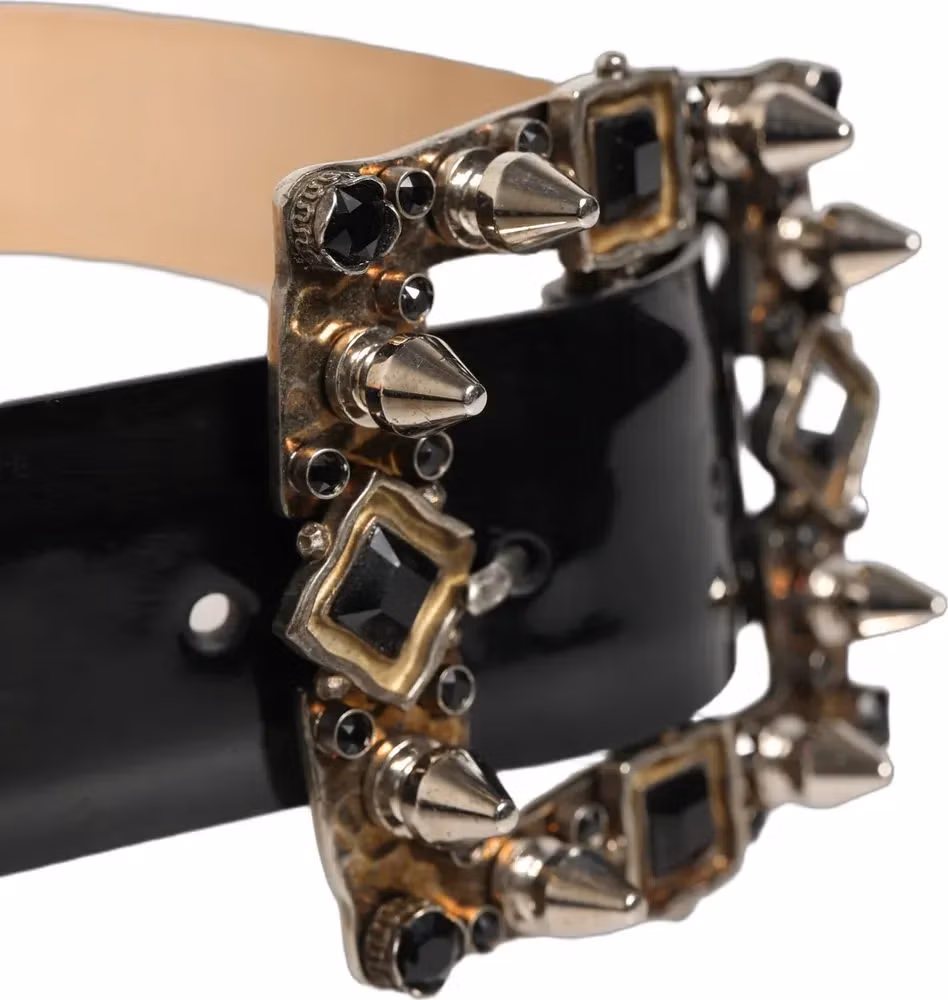 Dolce & Gabbana Black Leather Crystal Metal Buckle Belt