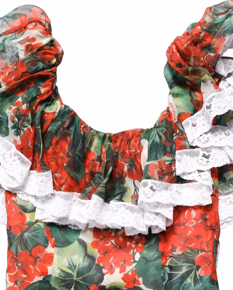 Dolce & Gabbana Multicolor Geranium Flower Lace Maxi Dress
