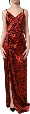 Red Leopard Draped Sleeveless Maxi Dress