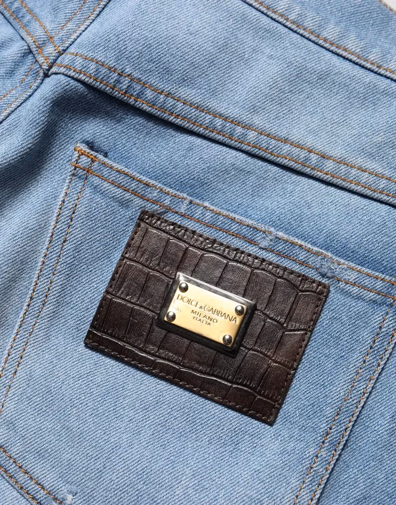 Dolce & Gabbana Blue Distressed Pleated Cotton Denim Jeans