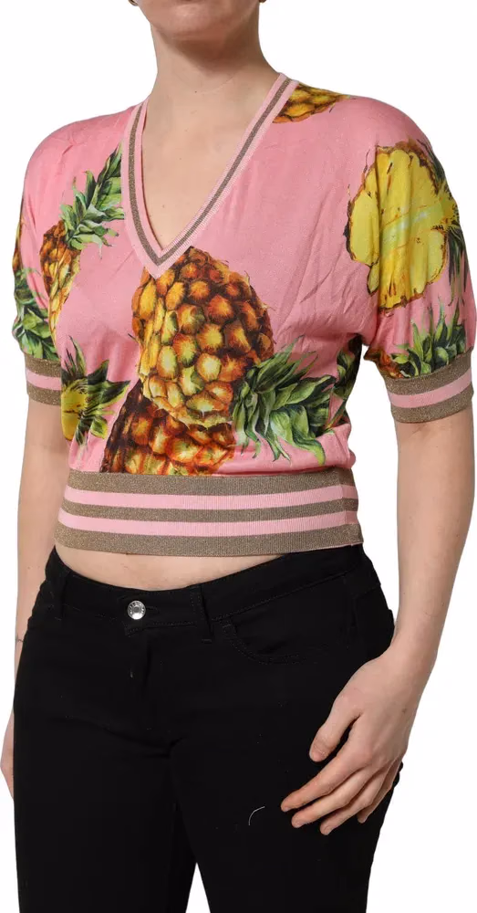 Dolce & Gabbana Pink Pineapple Vneck Short Sleeve Cropped Top