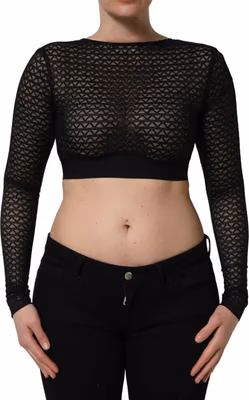 Black Nylon Fishnet Long Sleeve Cropped Top