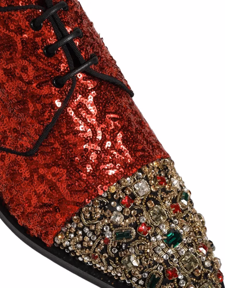 Dolce & Gabbana Red Sequin Embellished Men Derby Dress Shoes