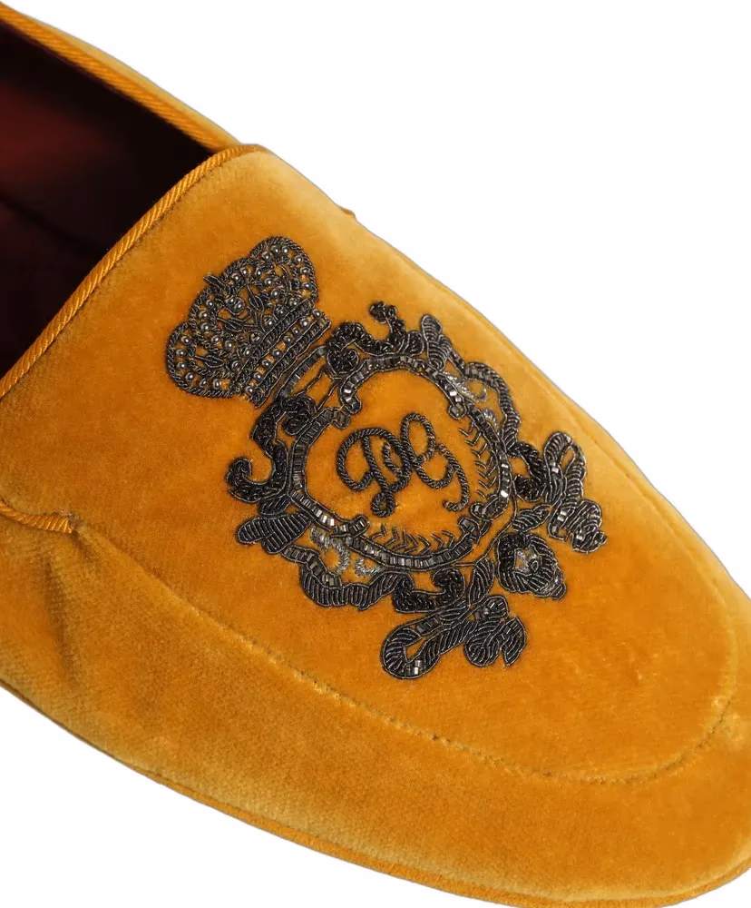 Dolce & Gabbana Yellow Velvet Crown Embroidery Loafers Shoes