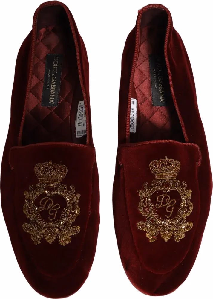 Dolce & Gabbana Maroon Velvet Crown Embroidery Loafers Shoes