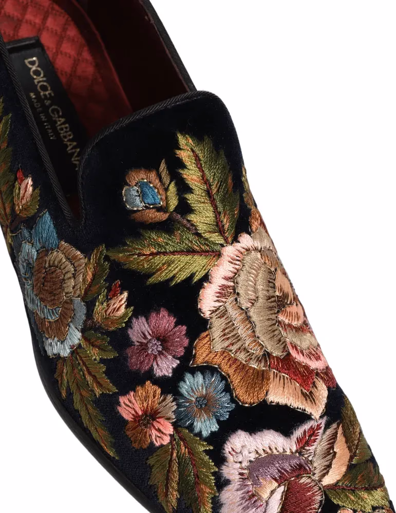 Dolce & Gabbana Black Velvet Floral Embroidery Loafers Shoes