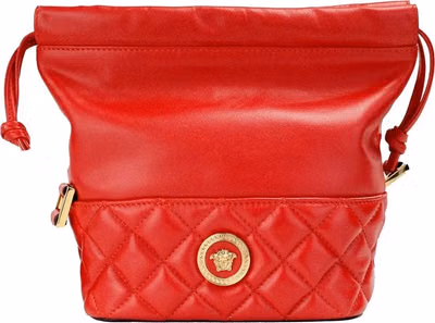 Versace Red Quilted Leather Drawstring Shoulder Bag Bucket Crossbody Handbag