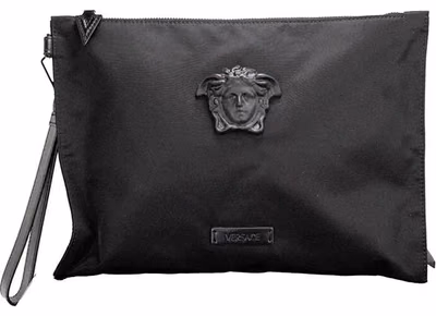 Versace Large Black Nylon Fabric Medusa Convertible Pouch Clutch Wristlet Bag
