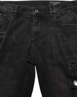 Black Distressed Cargo Cotton Men Denim Jeans