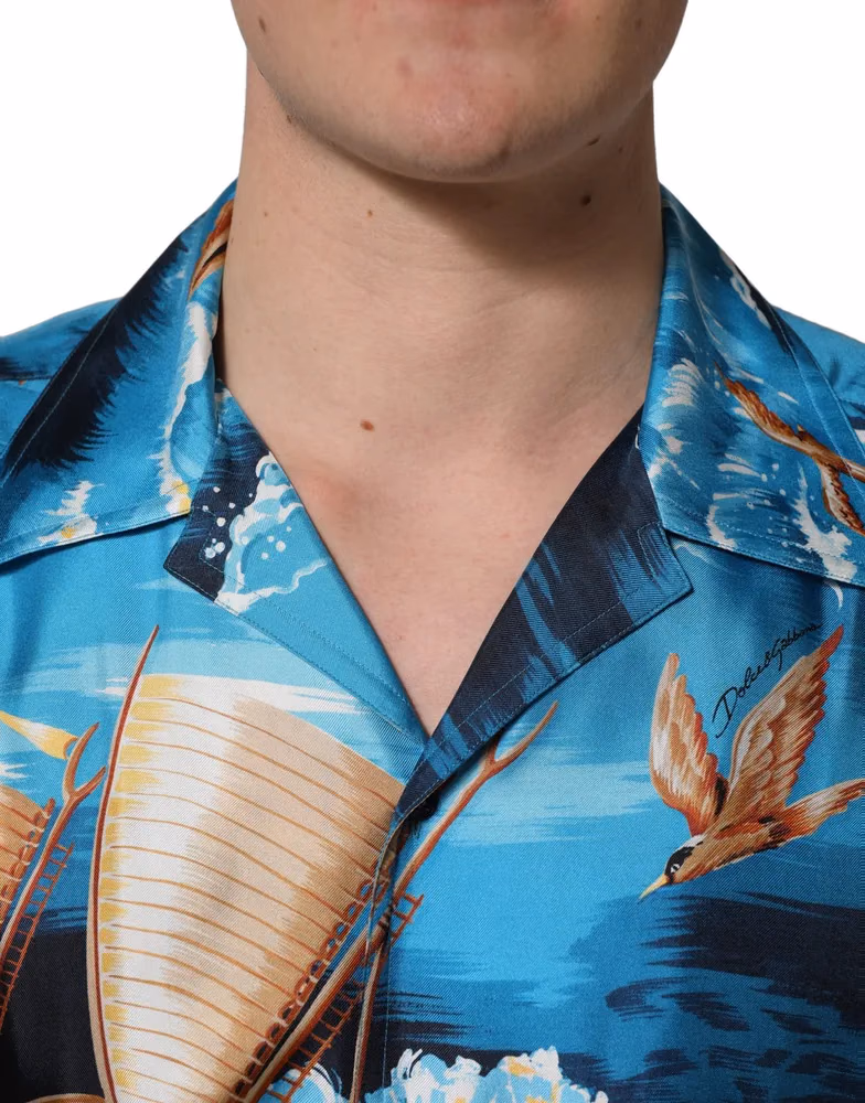 Dolce & Gabbana Blue Silk Twill Hawaiian GraphicPrint Shirt