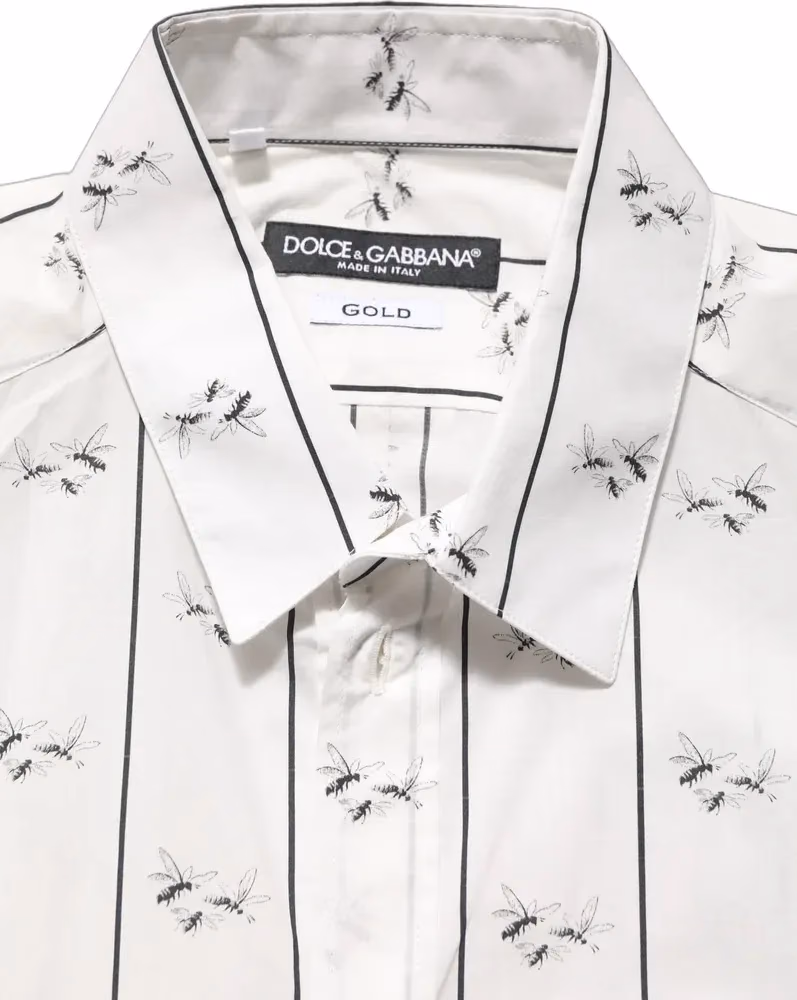 Dolce & Gabbana White Bee Print Cotton GOLD Fit Dress Shirt