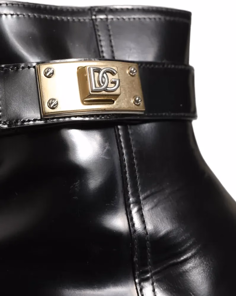 Dolce & Gabbana Black Leather Logo Buckle Mid Calf Boots Shoes