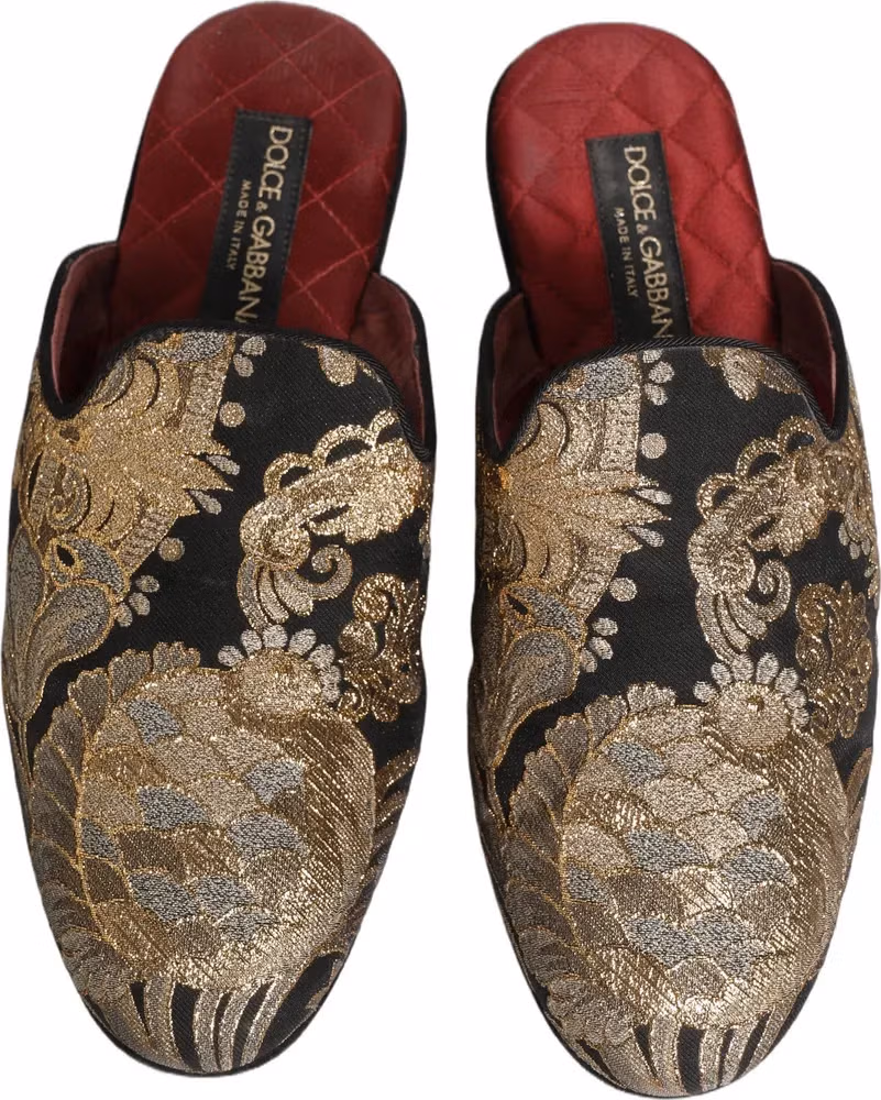 Dolce & Gabbana Black Floral Jacquard Flats Sandals Men Shoes
