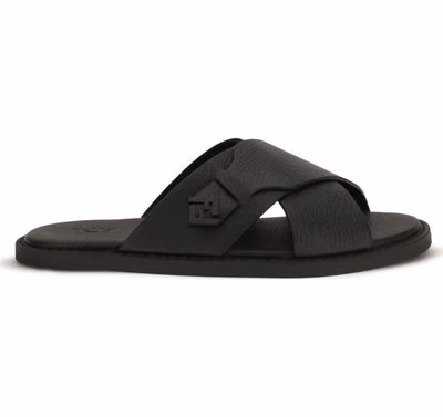 Black Calf Leather Bos Taurus Flat Sandals