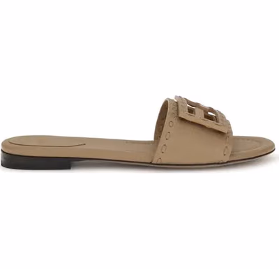 Beige Calf Leather Bos Taurus Flat Sandals