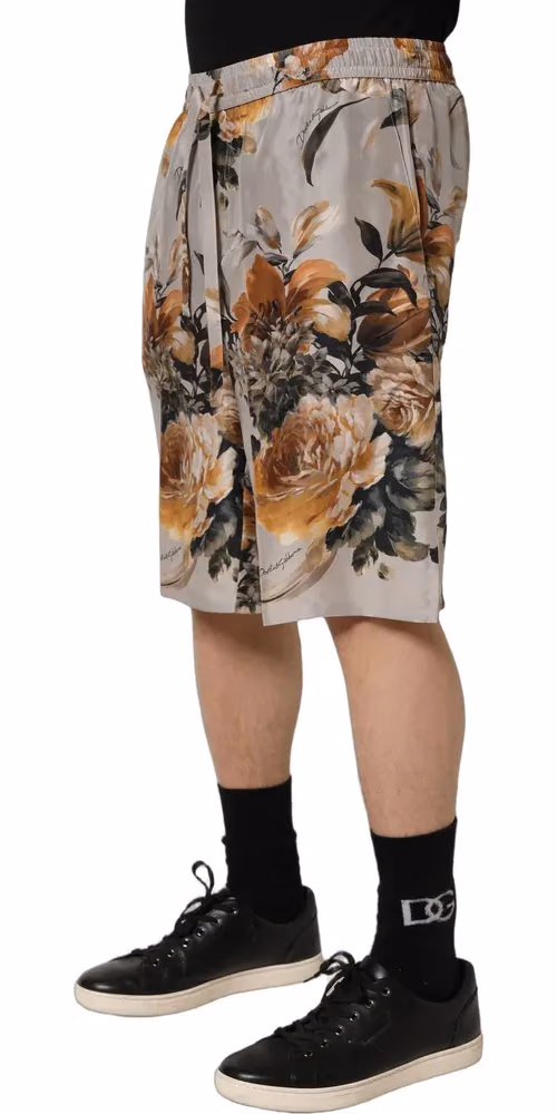 Dolce & Gabbana Beige Floral Print Silk Men Bermuda Shorts