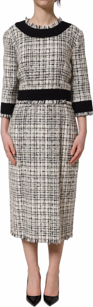 Dolce & Gabbana Multicolor Bouclé Tweed Frayed Trim Midi Dress