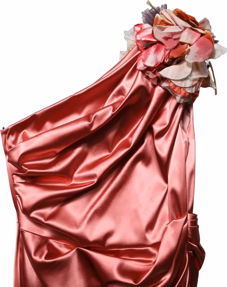 Dolce & Gabbana Pink Draped Midi Flower Appliques Dress