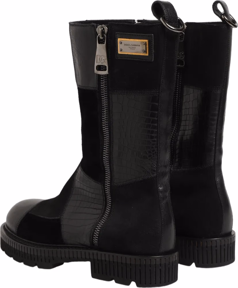 Dolce & Gabbana Black Patchwork Leather Mid Calf Boots Shoes