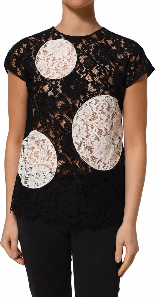 Dolce & Gabbana Black White Floral Lace Short Sleeve Blouse Top