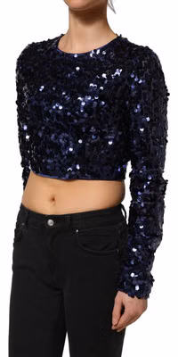 Blue Sequined Long Sleeves Crop Blouse Top